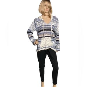 Vintage American Rag Cie V-neck Boho Style Sweater with Knit Crochet Hood -Large